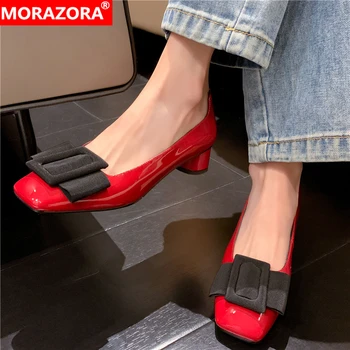 MORAZORA 2023 Нови INS горещи обувки от естествена кожа Жена кръг високи токчета парти сватбени обувки папийонка дами червени обувки
