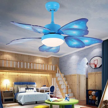 Nordic вентилатор на тавана Детска детска стая Вентилатор на тавана с лампа принцеса лампа Creative Butterfly Fan Light над леглото фен светлина