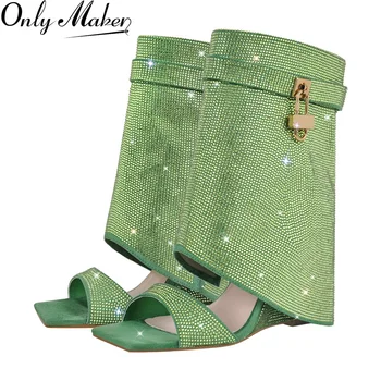Onlymaker жени зелен кристал кора клин заключване дизайн сгънете над Peep Toe мода клин женски летни сандали