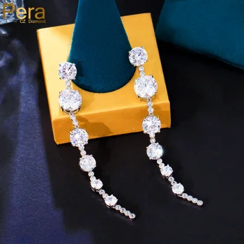 Pera нова мода пенливи кубични цирконий сребърен цвят дълъг пискюл кръг висулка обеци за жени личност бижута подарък E530