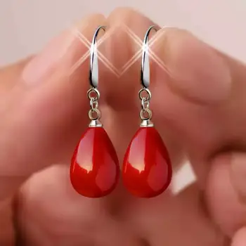 PNew Червена перлена висулка Обеци Имитация на перлени дълги обеци Прозрачни обеци от кристален опал, е романтичен подарък за жени