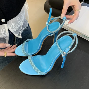 Rhinestone тънка лента секси високи токчета сандали помпи елегантен отворен пръст марка дамски обувки нови летни дизайнерски парти рокля обувки
