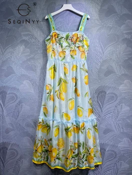 SEQINYY без презрамки Midi рокля лято пролет нов моден дизайн жени писта висока улица мъниста лимон цвете печат Сицилия синьо