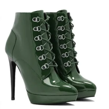 SHOFOO обувки Модни дамски ботуши на висок ток. Боти до глезена. Около 12 см височина на тока. Заострени ботуши. Лакови кожени ботуши.34-45