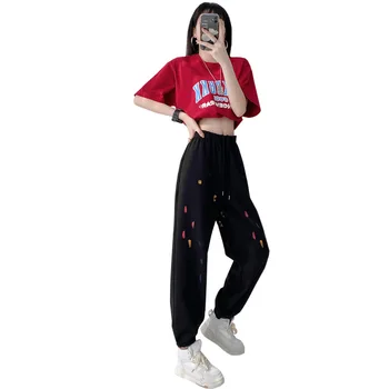 Summer Fashion Jazz Dance Festival Outfit Women Cotton Relaxed Casual Colored Drawing Pants Dance Costume Hip Hop Shuffle Sets