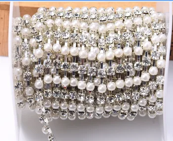 Super Dense 3Mm Rhinestone Pearl Cup Chain Crystal Beads Sew On Trim Plated Silver Base 10 Yards/Lot облекло рокля аксесоари