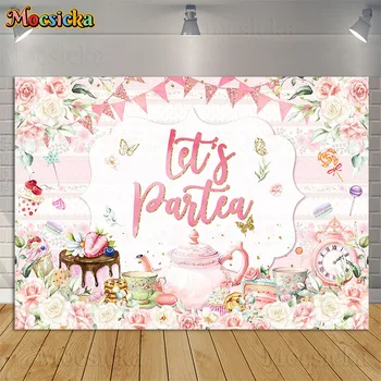 Tea Party Backdrops Pink Rose Floral Gold Butterfly Teapot Let's Partea Background Princess Wonderland Floral Birthday Photocall