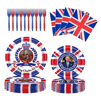 Union Jack Tableware Set UK тематични хартиени чинии / салфетки / вилици Комплект прибори за хранене King Charles Coronation Decorations