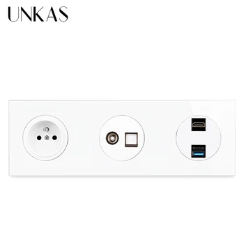 UNKAS Френски стенен контакт + женски телевизор CAT5E RJ45 интернет компютър жак + HDMI-съвместим 2.0 USB 3.0 порт стъклен панел изход