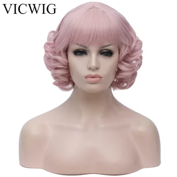 VICWIG Къси къдрави перуки с бретон Розова черна сива синтетична косплей перука за жени топлоустойчива