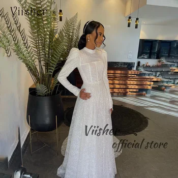 Viisher луксозна дантела Дубай мюсюлмански сватбени рокли дълъг ръкав пайети тюл Израел булката рокля персонализирани сватбени булчински рокли