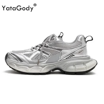 YATAGODY Размер 35-40 2024 Дамски кожени маратонки Mesh високи токчета за жени Ежедневни дантелени обувки Модни обувки на платформа Trend