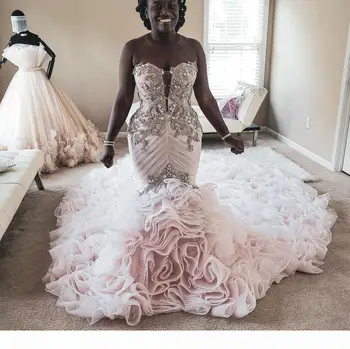 африкански плюс размер русалка рокли мъниста апликирани диференцирани поли тромпет булчински рокли плаж реколта по поръчка сватба