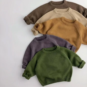 Бебешки пуловери Есен Зима Деца Момчета Момичета Дълъг ръкав Чист цвят Плетен пуловер Бебе Деца Момчета Момичета Пуловер Пуловери Дрехи