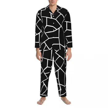 Бели скандинавски линии пижами мъже мозайка геометрични топло нощно спално облекло пролет 2 парчета случайни извънгабаритни печатни дома костюм