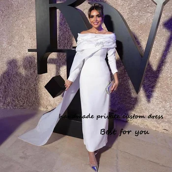Бяла сатенена русалка вечерни рокли мъниста лодка врата 3/4 ръкав арабски Дубай официална абитуриентска рокля глезена дължина вечерни рокли