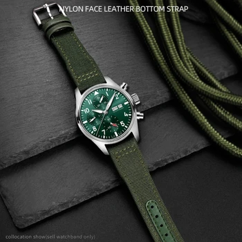 Висококачествена синьо-зелена гривна за IWC найлон естествена кожа WatchBand Big Pilot Little Prince Mark 18 Каишка за часовник 20mm 21mm