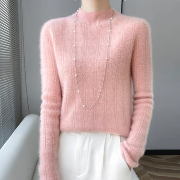 Дамски безшевен полу-високо деколте кух 100% пуловер дълъг ръкав плътен цвят есен и зима нов кашмир пуловер плета отгоре.