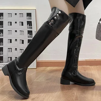 Дамски дълги ботуши есен зима нов дизайнер сгъваеми боядисани бедро-високи ботуши женска мода случайни черни обувки платформа дами