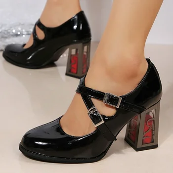 Дамски обувки на ток 2023 пролет лято ретро буци ток обувки за жени парти дамски обувки на висок ток женски плътен цвят помпи