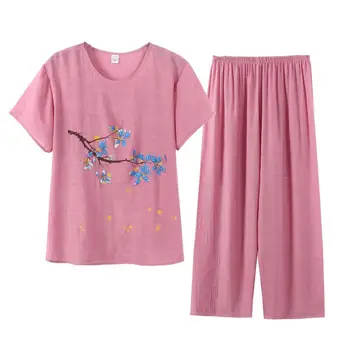 Дамски топ панталони комплект O деколте печат баба стил ластик баба лятна пижама комплект