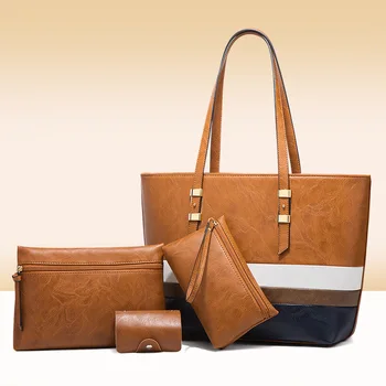 Дизайнер PU кожа жени чанти мода голям капацитет дами 4 парчета комплект рамо пратеник чанти мода женски голяма пазарска чанта