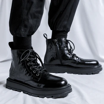 Есен Високо качество Чисто нов бизнес Високи топ ботуши Модни ботуши Популярни военни ботуши британски стил черни мъже кожени ботуши