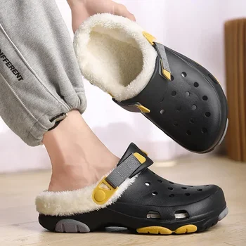 Есен Зима Мъжки къси плюшени затворени пръсти EVA чехли 2023 Модни нови вътрешни обувки на платформа за мъже Ежедневни домашни памучни обувки