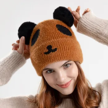есен зима сладък карикатура мечка плетени вълнени шапки открит пазаруване играе плюс кадифе топло ухото защита пуловер шапка жени