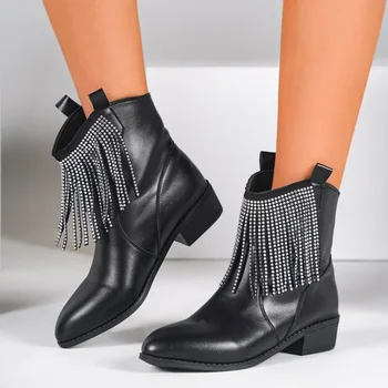 Жени Mid Heels Crystal Fringe Cowboy Boots Chunky Luxury Chelsea Boots Winter New Trend Ankle Boots Pumps Punk Mujer Botas