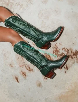 Заострени пръсти бродирани каубойски ботуши 2022 Приплъзване на западните жени Секси коляното високо буци висок ток ботуши Дамски гладиаторски обувки