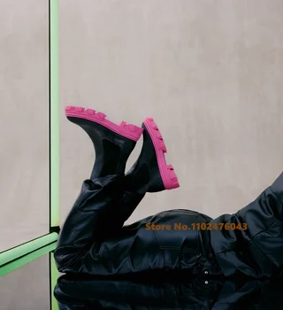 Зимна луксозна марка пънк готически улично облекло дамски обувки зелени розови дебели еднолична платформа буци токчета тънък смесен цвят глезена ботуши