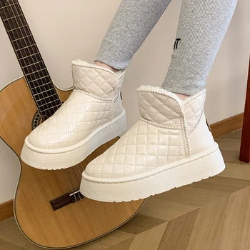 Зимни обувки за платформа за жени 2023 Топли плюшени ботуши за сняг Моден кариран дизайн против хлъзгане водоустойчиви дамски боти до глезена