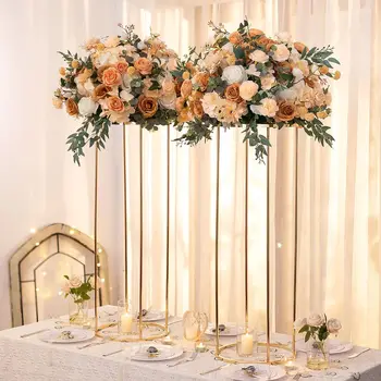 Златна метална стойка за цветя за сватбена маса - подова ваза Щандове за пътни води Висок настолен център за парти