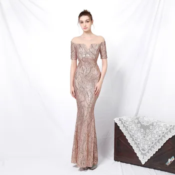 Златна русалка плюс размер вечерна рокля къси ръкави кристали тюл пайети еластични дълги официални рокли повод за жени в наличност
