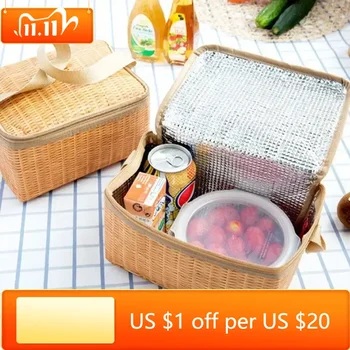 Изкуствени ратанови чанти за обяд Преносима изолирана кутия за пикник Къмпинг контейнер за храна Термичен охладител торбичка Голяма пазарска чанта за съхранение