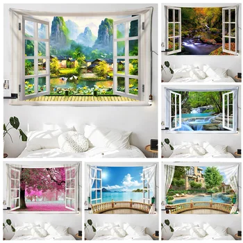 Имитация на прозорец дизайн река пейзаж живопис модел гоблени черешово дърво стена висящи дома стая спалня декоративни 