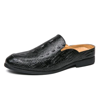 Италиански луксозни мъжки чехли кожени мокасини мокасини случайни нехлъзгащи се мъжки обувки летни крокодил модел мода половин обувка мъже