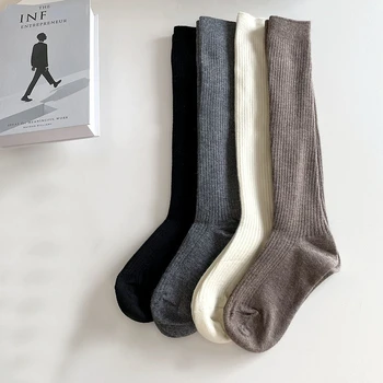 Кашмирет високи чорапи жени чорапи 2023 есен зима плътен цвят плюс кадифе меки студенти топло случайни коляното дълъг маркучHosiery