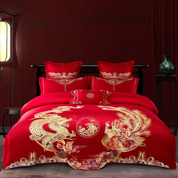 Китайски сватбени легла комплект луксозно злато Loong Phoenix бродерия червен египетски памук пухени покритие легло лист покривка калъфки за възглавници