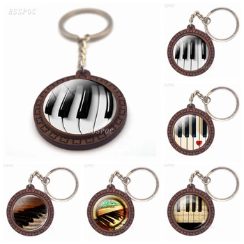 Ключодържател за пиано Музикални инструменти Бижута Ретро пиано стъкло Кабошон Дървен ключодържател Ръчно изработен подарък за любителите на музиката