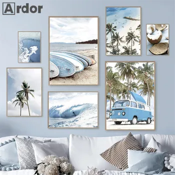 Кокосово дърво плакат синьо море вълни платно живопис плаж стена изкуство сърф печат скандинавски плакати стена снимки хол декор