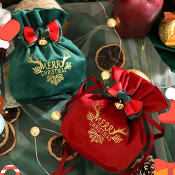 Коледен подарък drawstr чанта бонбони кадифе ябълка чанта лък и камбана декорация високо качество горещ печат процес не е лесно да избледняват