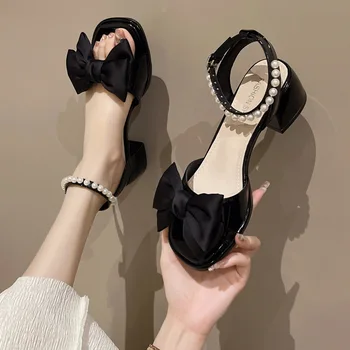 Комфортни обувки за жени Бежови сандали на ток Square Toe 2023 Лято Черно Ясно Високо Нов Bow Модни момичета Pearl Low Block Back