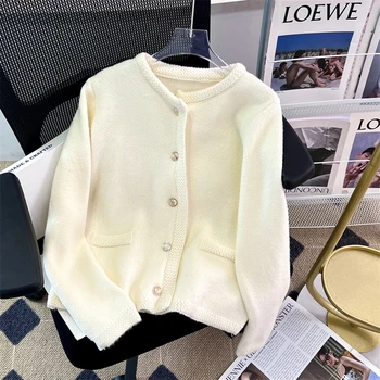 корейски прост плетен пуловер Дамски 2023 O-образно деколте еднореден ежедневни свободни копчета Жилетка жени Y2k дрехи бяла жилетка