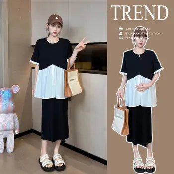 корейски стил хлабав случайни майчинство дрехи комплект черен бял пачуърк върховете + корема поли twinset бременна жена сплит пола костюми