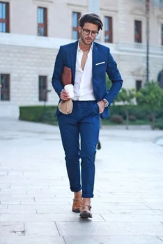 Костюм Homme Mariage Beach Blue Suit Мъже Blazer Сватба Мъжки костюм с бели панталони Smart Terno Slim Fit Tuxedo палто Абитуриентско яке