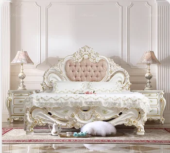 Кралски френски мебели Луксозно резбовани и боядисани Двойно легло Европейско легло 1.8 Принцеса легло