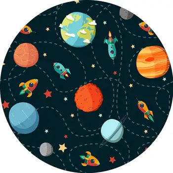 Кръг фон кръг Пространство снимка фон карикатура външна планета звездно небе ракета кораб момче рожден ден парти декор банер винил