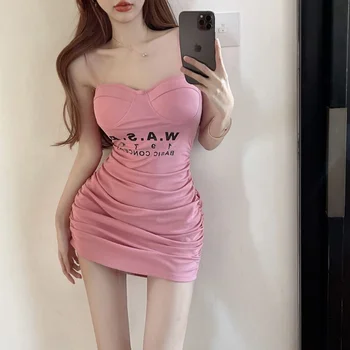 Лято Нов корейски стил моден темперамент розов тънък годни тънък каишка рокля жени пикантни момичета хип обвивка къса пола женски рокли